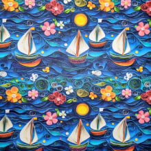 Tecido Tricoline Digital Barco a Vela fd Azul