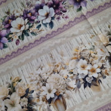 Tecido Tricoline Digital Barrado Floral Lilas e Amarelo