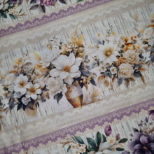 Tecido Tricoline Digital Barrado Floral Lilas e Amarelo