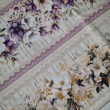 Tecido Tricoline Digital Barrado Floral Lilas e Amarelo