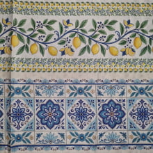 Tecido Tricoline Digital Barrado Limões Sicilianos e Azulejos 