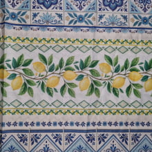 Tecido Tricoline Digital Barrado Limões Sicilianos e Azulejos