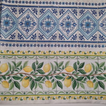 Tecido Tricoline Digital Barrado Limões Sicilianos e Azulejos