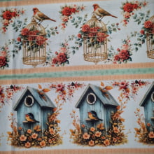 Tecido Tricoline Digital Barrado Pássaros e Gaiolas Florais 