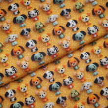 Tecido Tricoline Digital  Cachorrinhos fd Poa Laranja