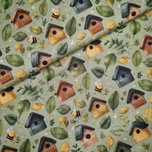 Tecido Tricoline Digital Casinhas e Abelhas fd Verde