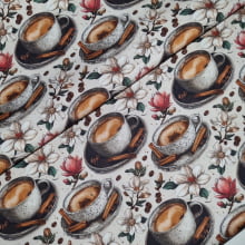 Tecido Tricoline Digital Coleção Café e Canela Xícaras e Pires