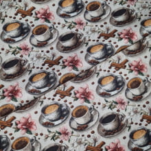 Tecido Tricoline Digital Coleção Café e Canela Xícaras e Pires 2