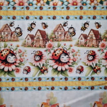 Tecido Tricoline Digital Coleção Lady Bees Barrado Joaninhas e Abelinhas