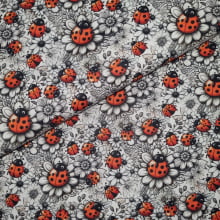 Tecido Tricoline Digital Coleção Lady Bees Preto e Branco Joaninhas e flores