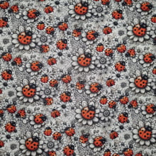 Tecido Tricoline Digital Coleção Lady Bees Preto e Branco Joaninhas e flores