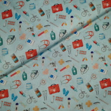 Tecido Tricoline Digital Coleção Profissões Instrumentos Médicos