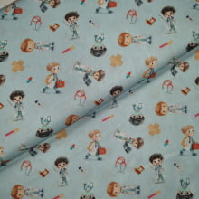 Tecido Tricoline Digital Coleção Profissões Médicos e Enfermeiros fd Azul