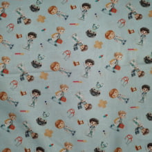 Tecido Tricoline Digital Coleção Profissões Médicos e Enfermeiros fd Azul