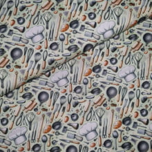 Tecido Tricoline Digital Coleção Profissões Utensílios de Cozinha fd Verde