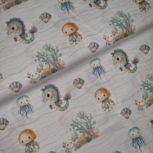 Tecido Tricoline Digital Fundo do Mar Cavalos Marinhos e Água Vivas