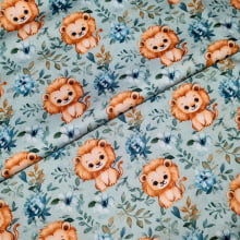 Tecido Tricoline Digital Leãozinho com Flores Azuis