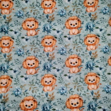 Tecido Tricoline Digital Leãozinho com Flores Azuis