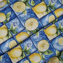 Tecido Tricoline Digital Limões Sicilianos fd Azulejo Azul