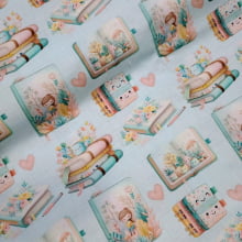 Tecido Tricoline Digital Volta as Aulas Livros e Cadernos