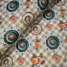 Tecido Tricoline Porcelanas e Florais fd Xadrez bege