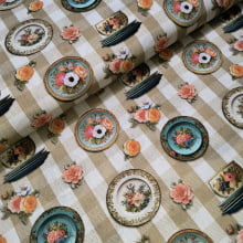 Tecido Tricoline Porcelanas e Florais fd Xadrez bege 2