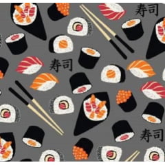 Tecido Tricoline Sushi Fundo Cinza
