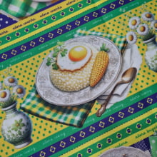 Tecido Tricoline Digital Barrado Comidas Típicas Brasileiras