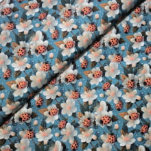 Tecido Tricoline Digital Joaninhas e Flores Brancas